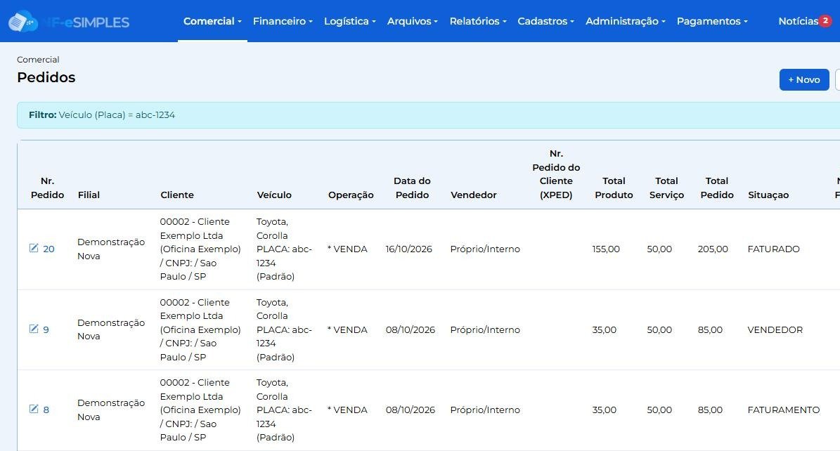 Pedidos do NF-e Simples filtrados pela placa: todo o histórico do mesmo carro, com datas, valores e situação (dados fictícios)