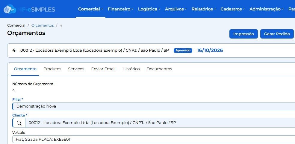 Orçamento aprovado no NF-e Simples com o veículo e a placa e o botão Gerar Pedido (dados fictícios)