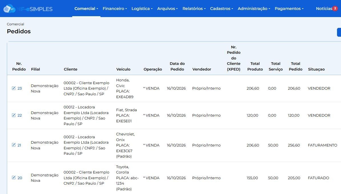 Tela de pedidos do NF-e Simples: cada pedido mostra o cliente, o veículo com a placa, os valores e a situação (dados fictícios)